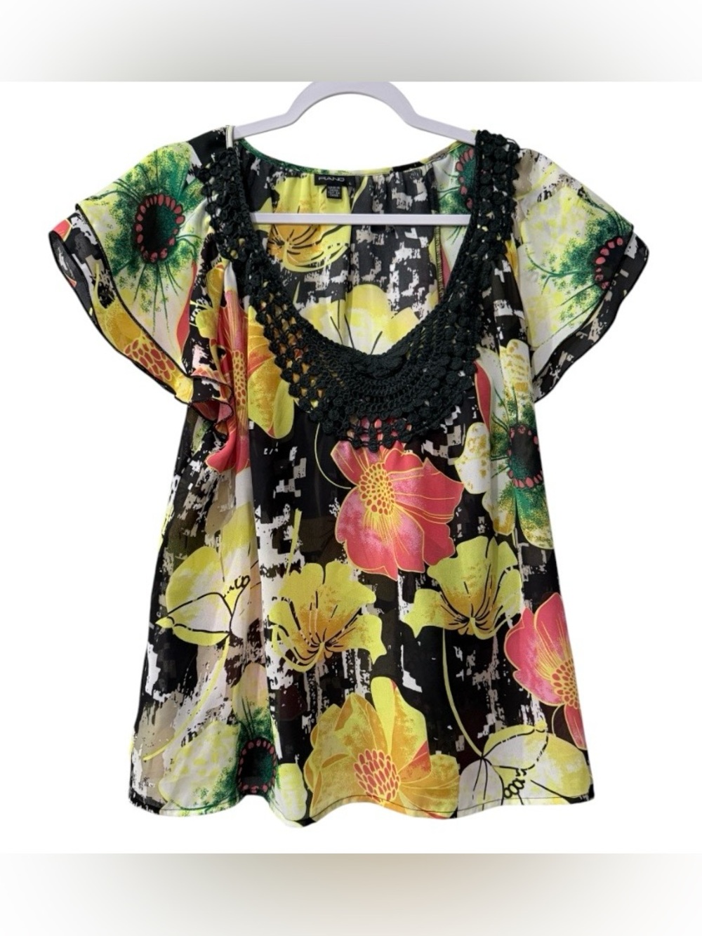 Piano women’s large short sleeve vibrant yellow, green, and black floral